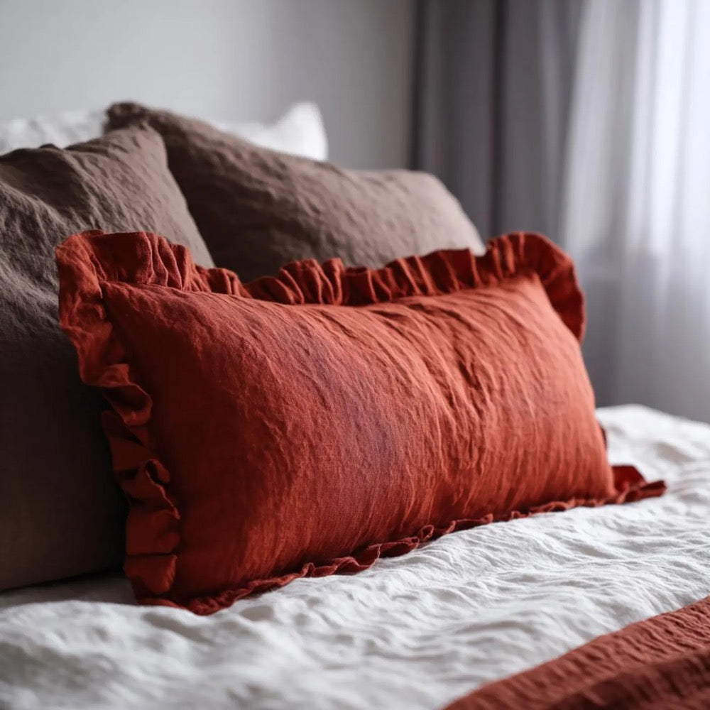 Custom Linen Pillow Cover with All Side Ruffled- Linen Pillow Shams with long ruffle on one side- Linen Cushion Cover with Envelope Closure