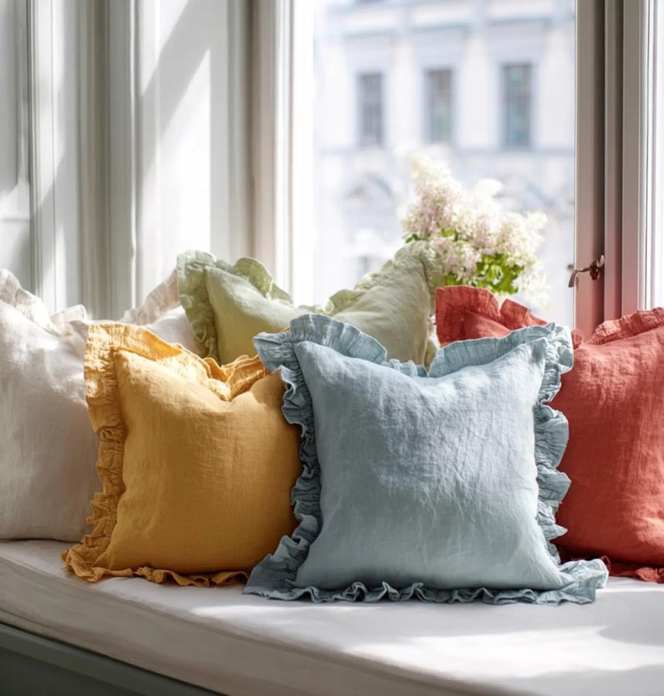 Custom Linen Pillow Cover with All Side Ruffled- Linen Pillow Shams with long ruffle on one side- Linen Cushion Cover with Envelope Closure