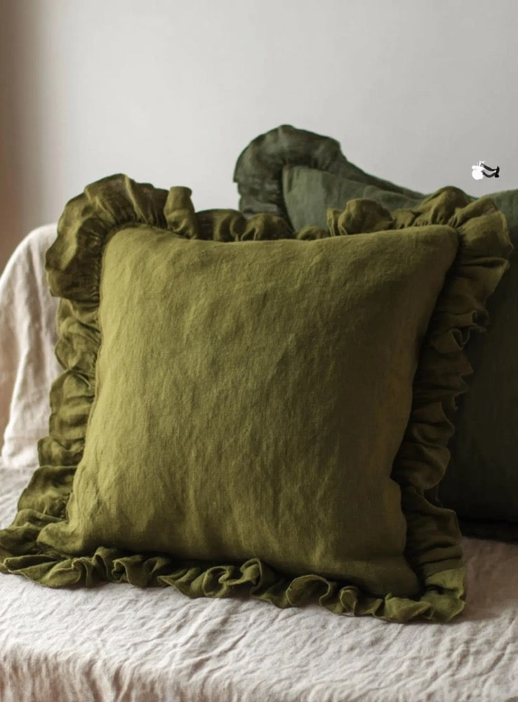 Elegant Linen Pillow Case with Ruffles- Zipper Closure Ruffled Pillow Cover- Envelope Closure Linen Cushion Covers- Handmade Gift